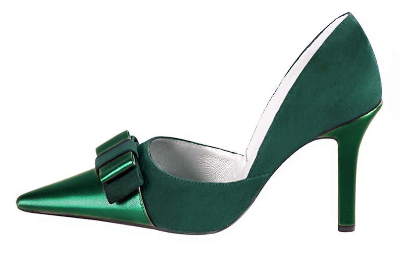 Emerald green women's open arch dress pumps. Pointed toe. Very high slim heel. Profile view - Florence KOOIJMAN